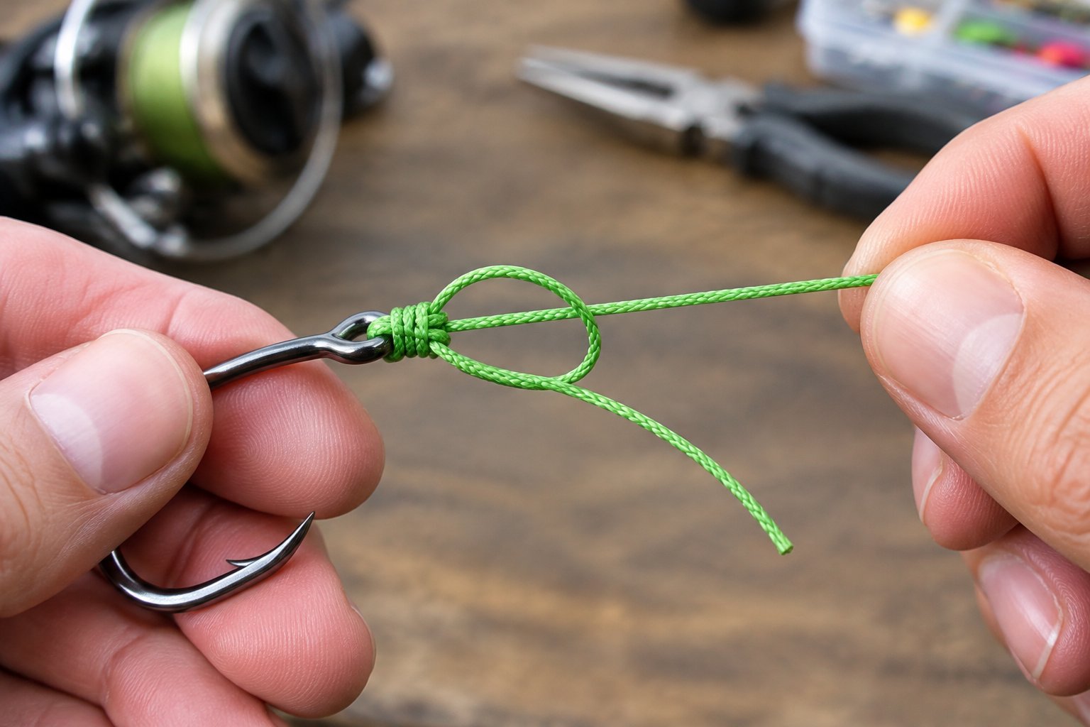 Hands tie a knot in braided fishing line threaded through a fishing hook.