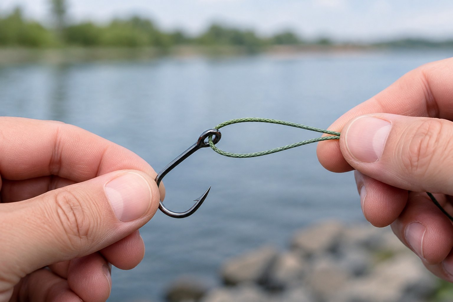 Hands thread braided fishing line through the eye of a hook to begin tying a Palomar knot.