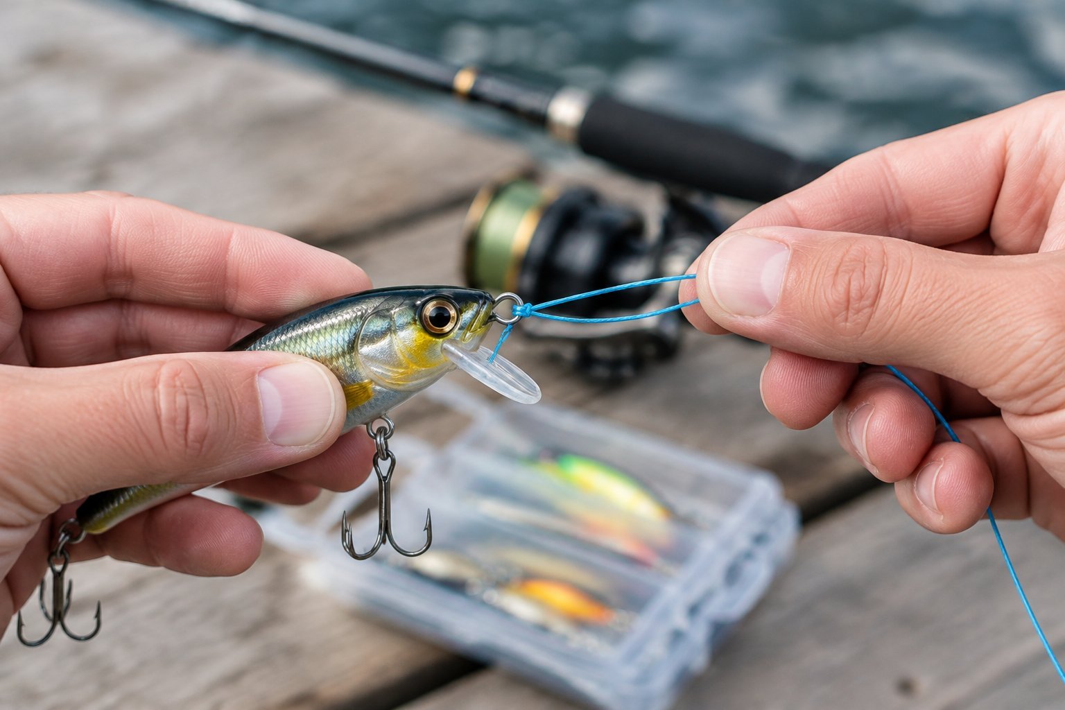 An angler threads braided fishing line through the eye of a lure.