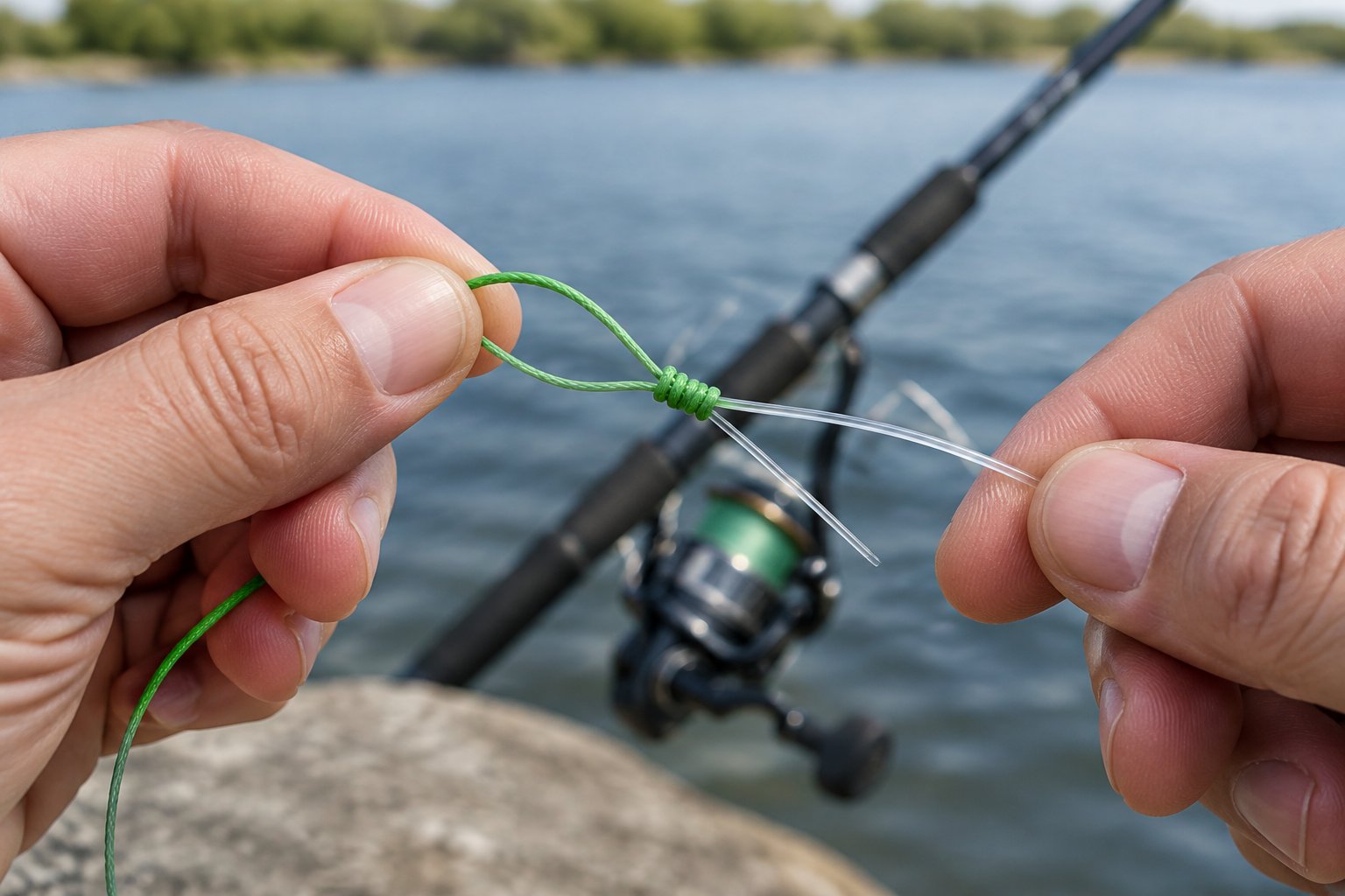Hands tie a knot connecting braided fishing line to a clear leader.