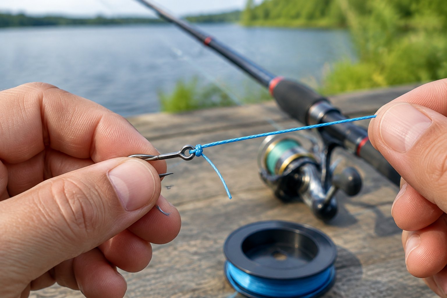Hands tie braided fishing line to a small fishing hook outdoors.