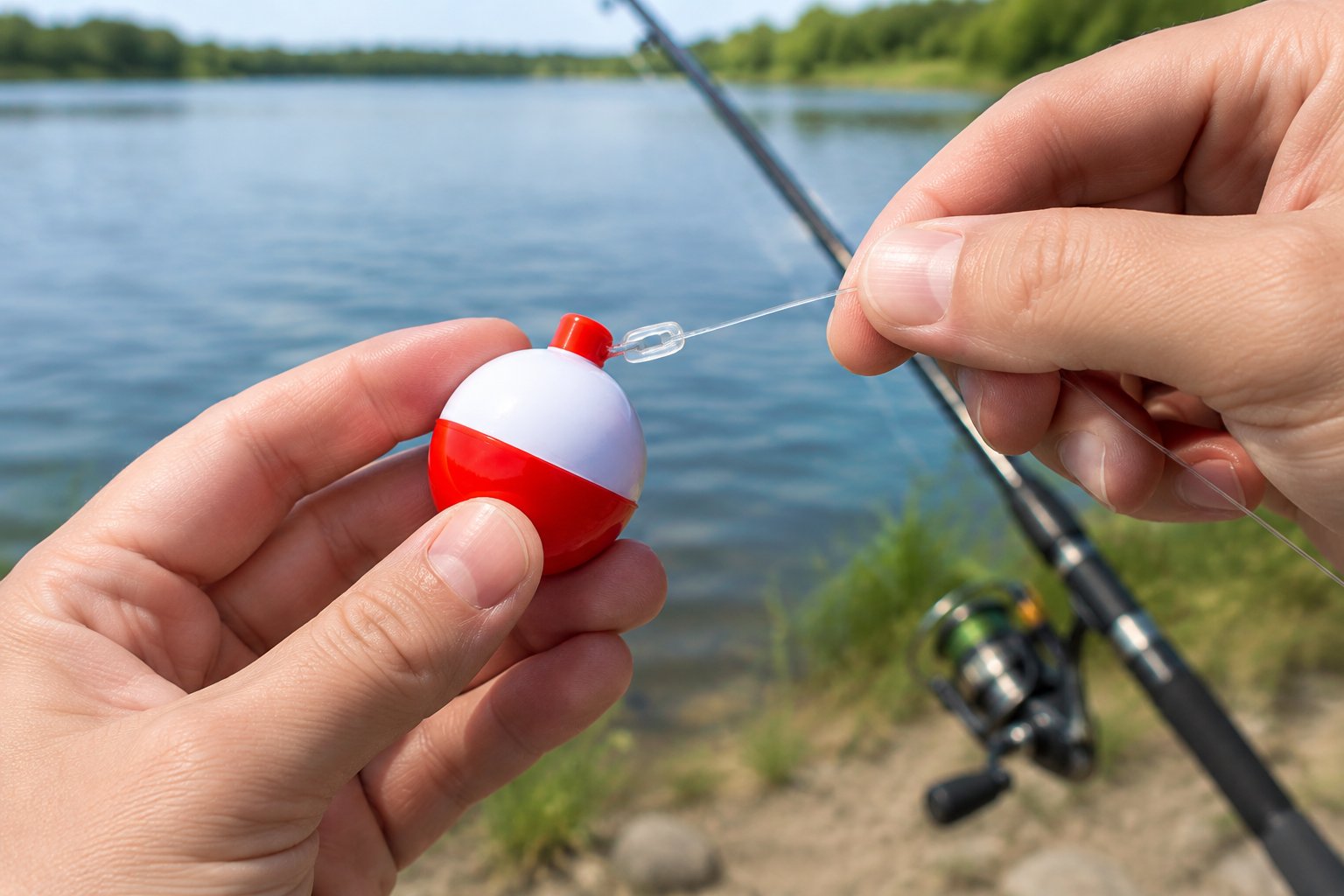 Hands attach a red-and-white bobber to a fishing line.