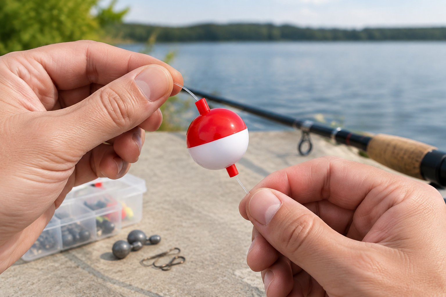 Hands attach a red-and-white bobber to a fishing line beside a fishing rod.