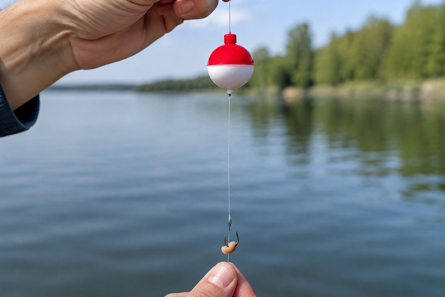 A bobber sits above a baited hook on a fishing line beside a lake.