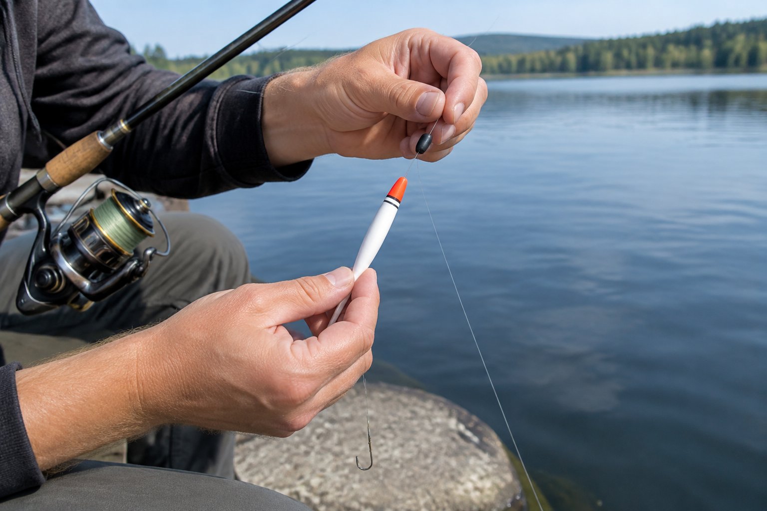 An angler threads fishing line through a slip bobber beside a lake.