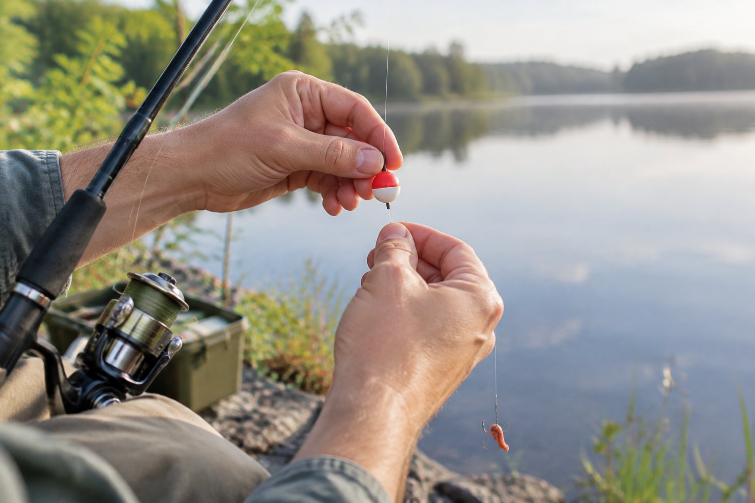 An angler attaches a bobber to a fishing line beside a baited hook.