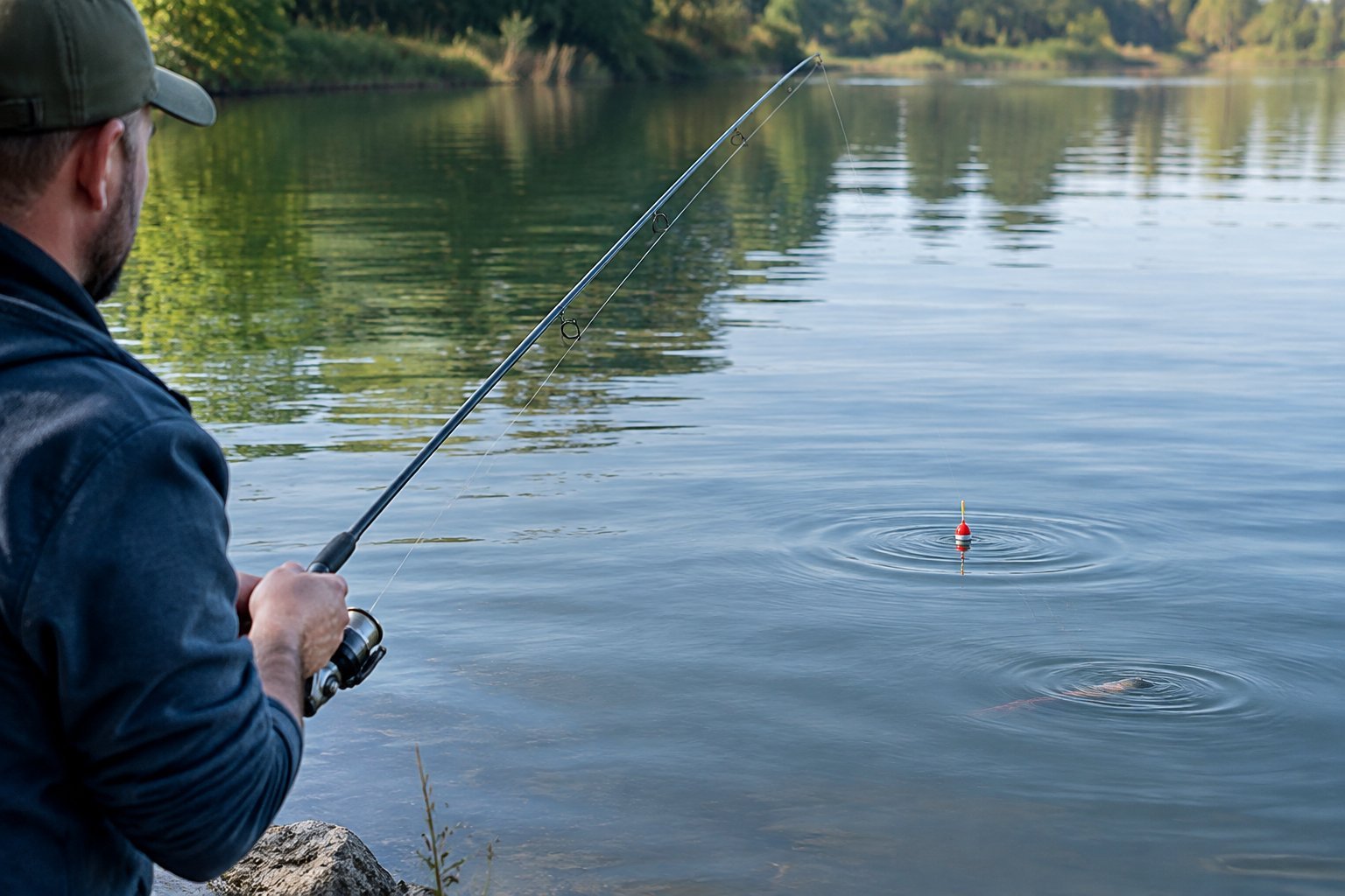 An angler casts a fishing rod as a bobber dips beneath the water.