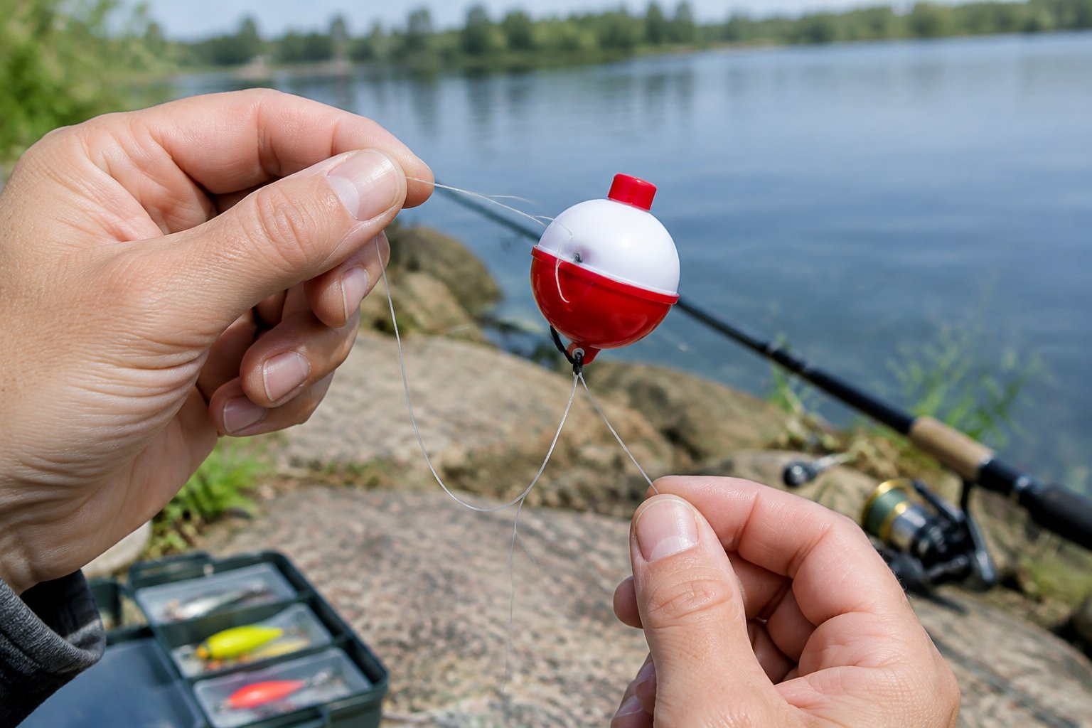 An angler holds a fishing line with a loose bobber beside a lake.
