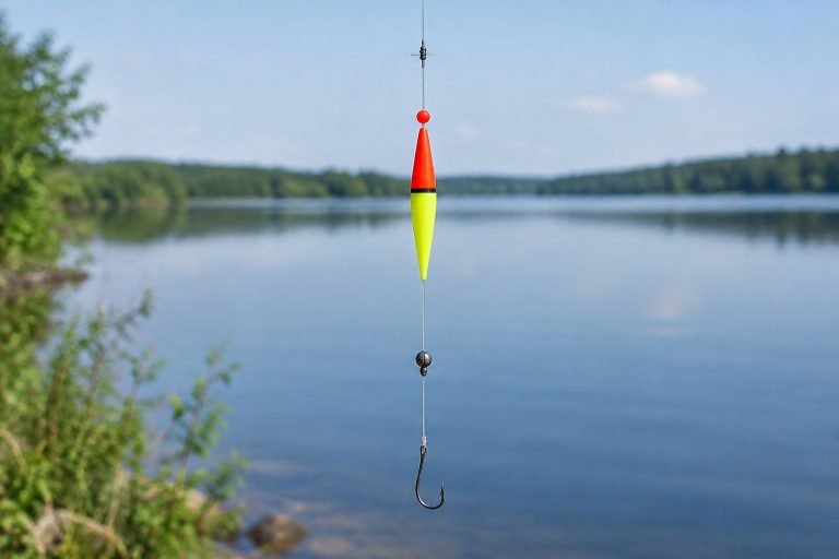 A slip bobber fishing rig with a float, fishing line, sinker, and hook.