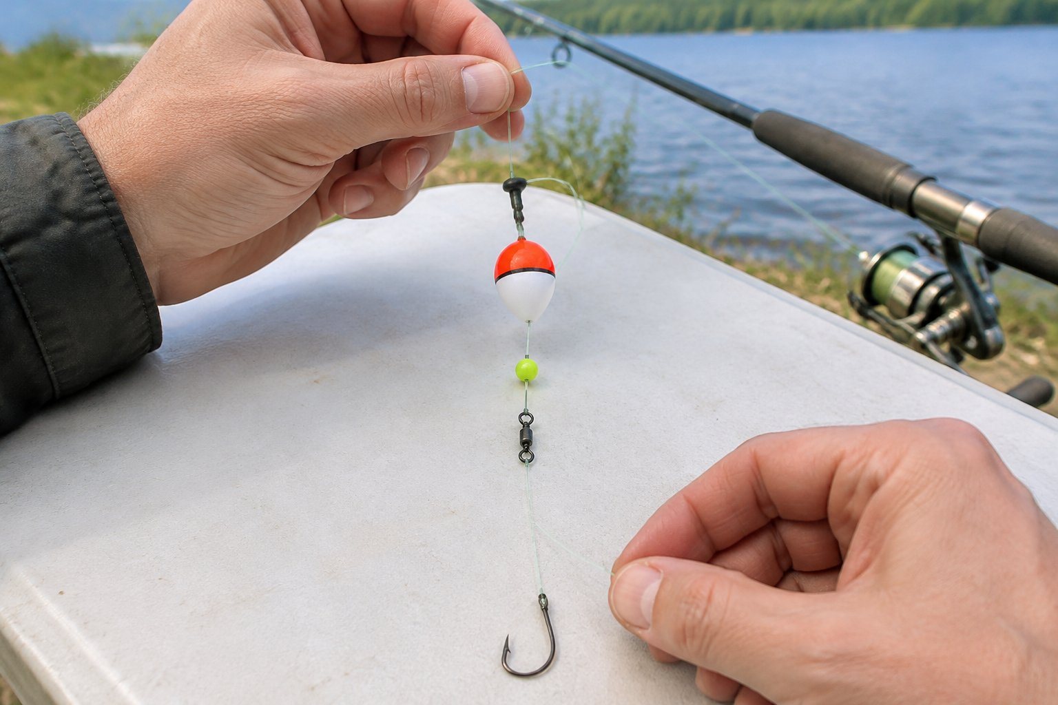 Fishing line and slip bobber rig components arranged in assembly order beside a lake.