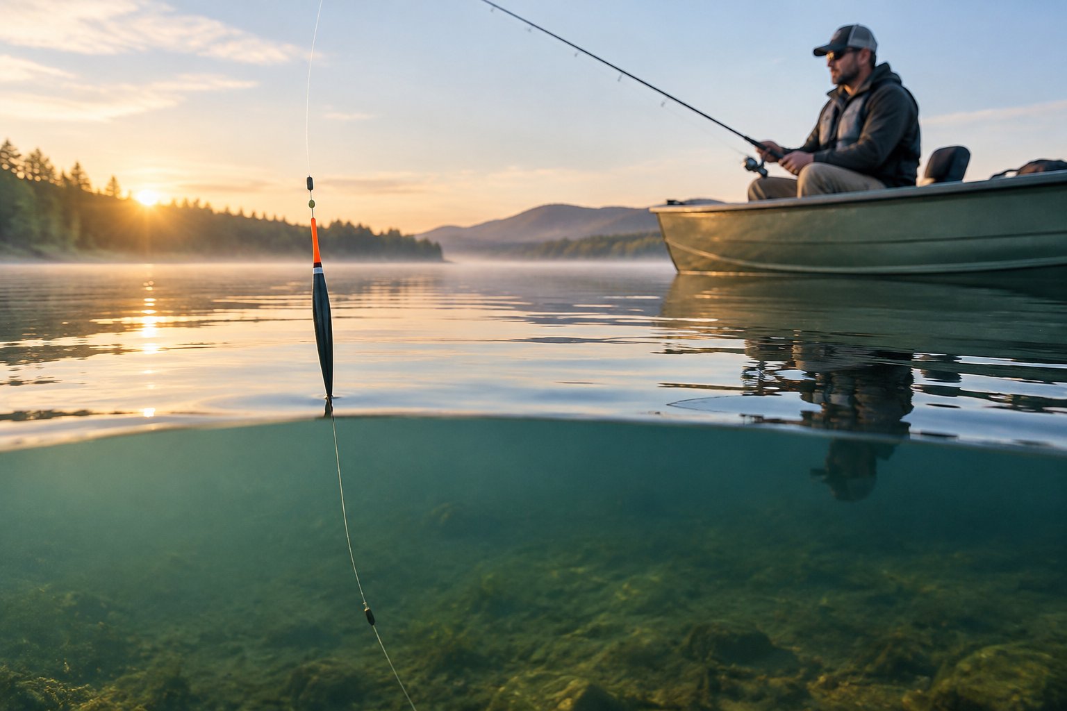 An angler fishes from a boat with a sliding float rig on a calm lake.