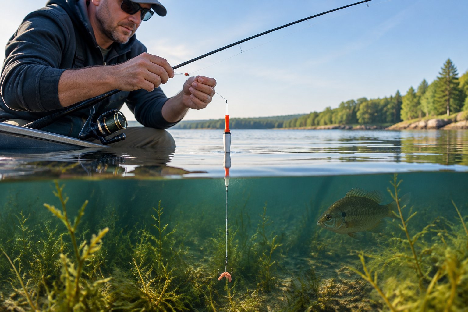 An angler adjusts a slip bobber rig beside a lake, with bait shown at depth underwater.