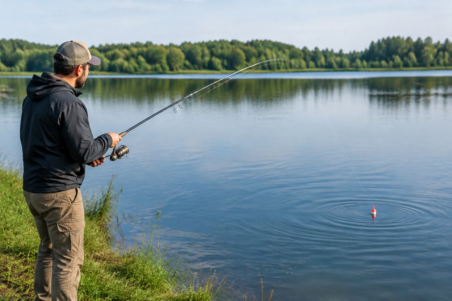 An angler casts a fishing rod while watching a slip bobber on a lake.