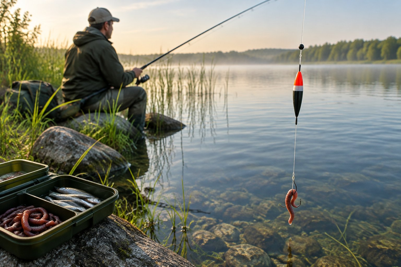 An angler watches a slip bobber rig with a worm bait over a calm lake.