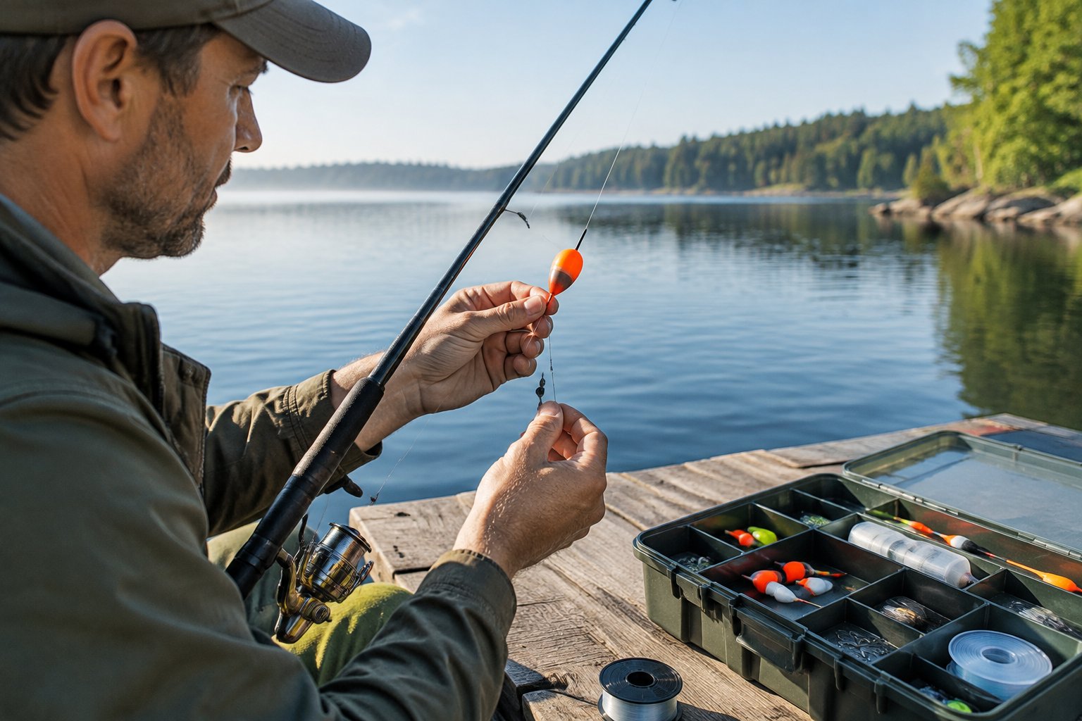 An angler adjusts a slip bobber fishing rig beside an open tackle box at a freshwater shore.