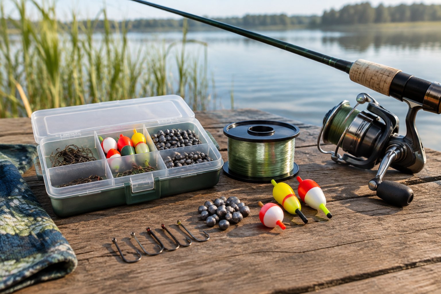 Fishing tackle arranged beside a calm freshwater lake.