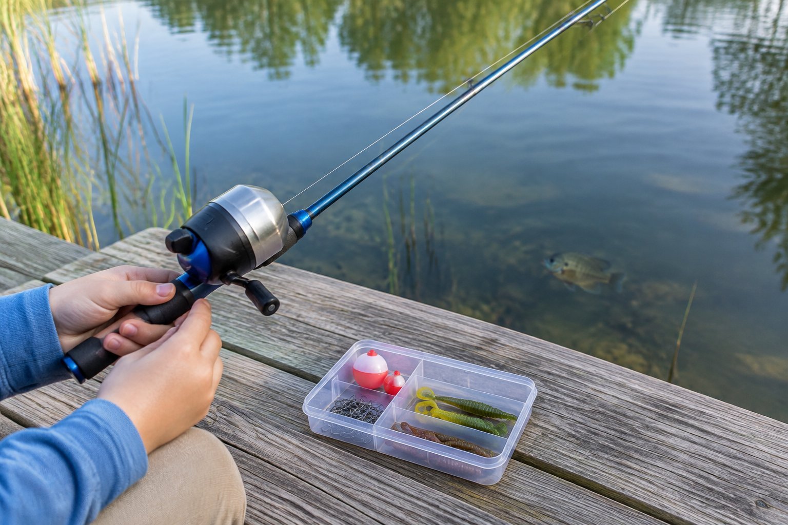 An angler holds a compact fishing rod beside a tackle tray on a pond dock.