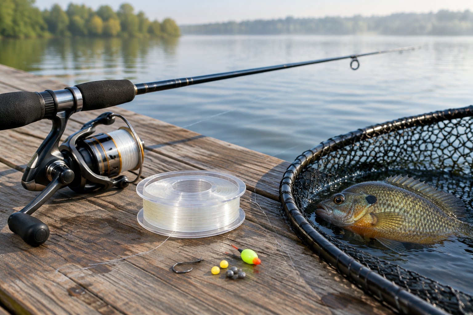 A bluegill fishing rod, reel, and clear line arranged on a dock beside a bluegill in a landing net.