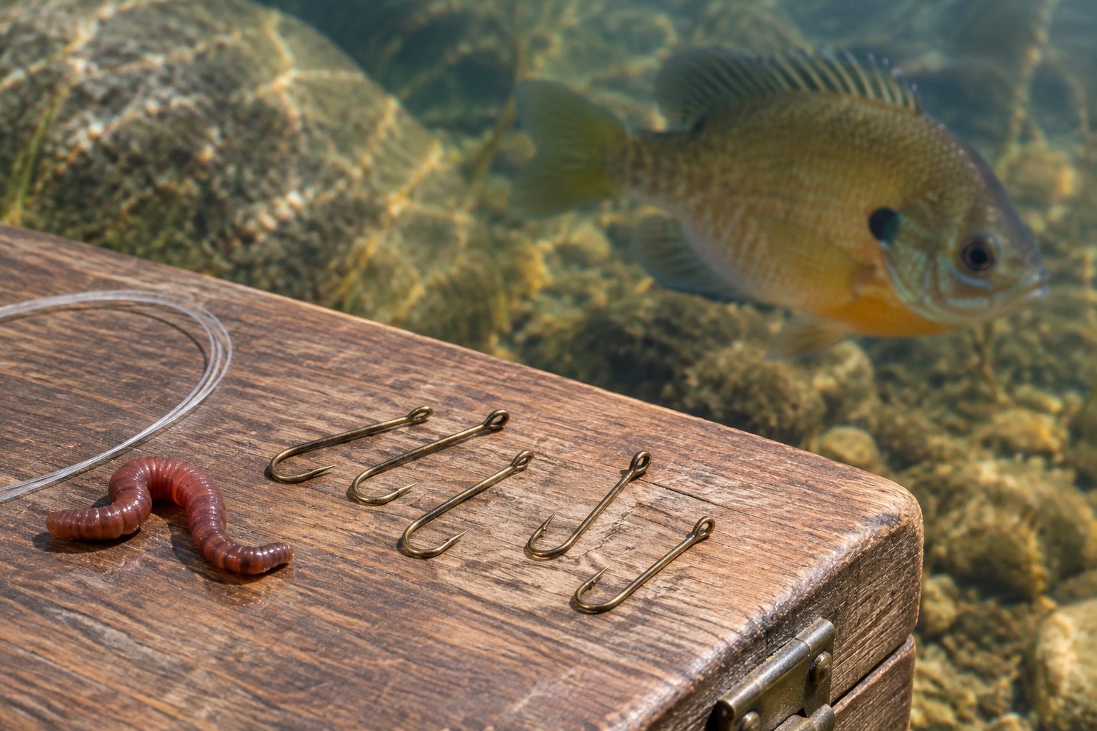 Small fishing hooks and natural bait beside a bluegill.