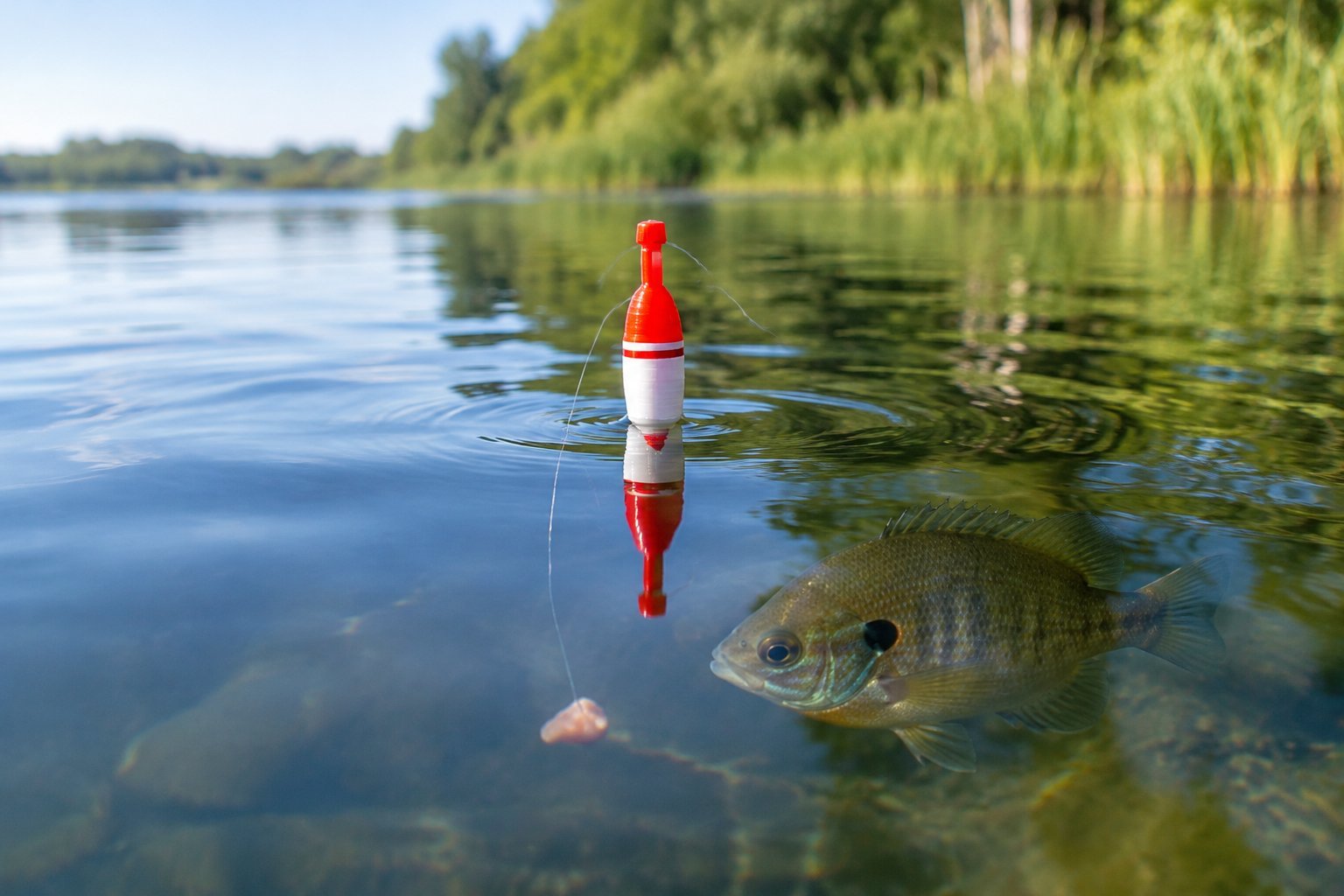 A red-and-white fishing float rests on a calm lake above a bluegill.