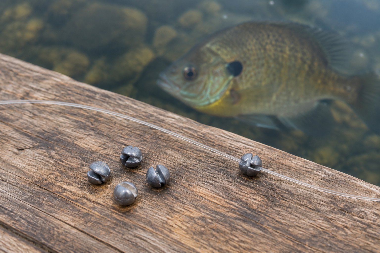 Small split-shot sinkers beside fishing line, with a bluegill in the background.