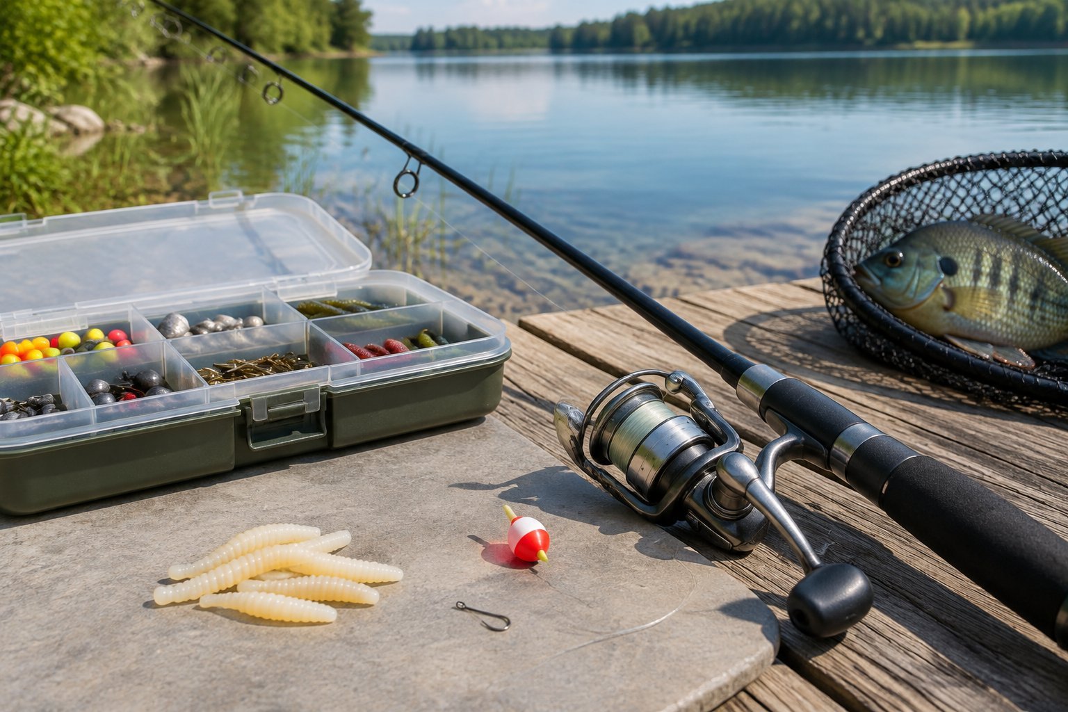 Small fishing lures and bluegill tackle arranged on a dock beside a freshwater lake.