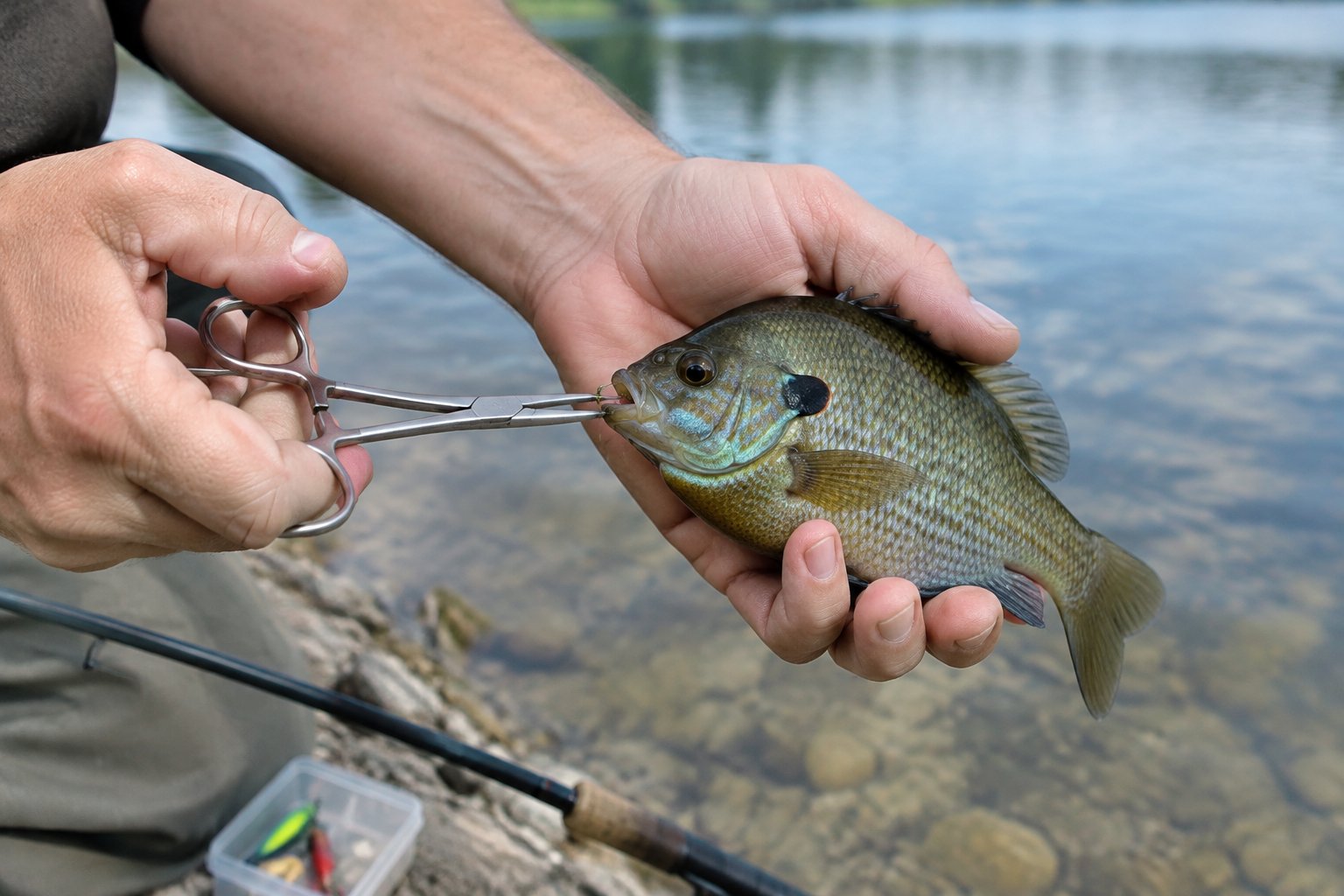 An adult angler uses a scissor clamp to remove a hook from a bluegill.