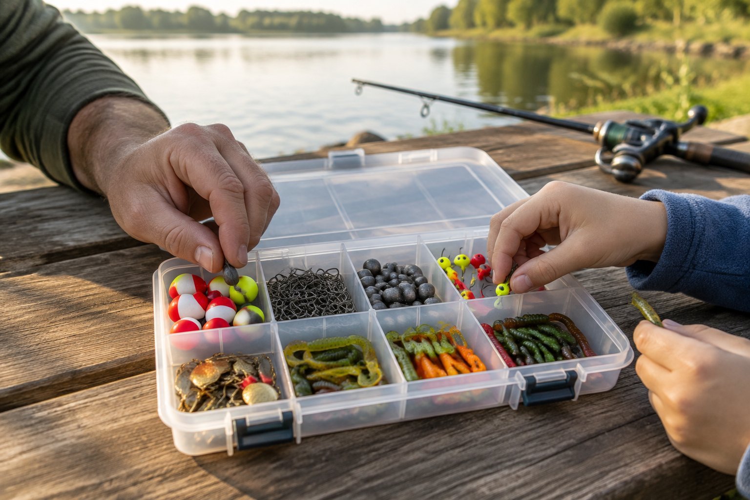 An adult and child organize bluegill fishing tackle in an open storage box beside a lake.