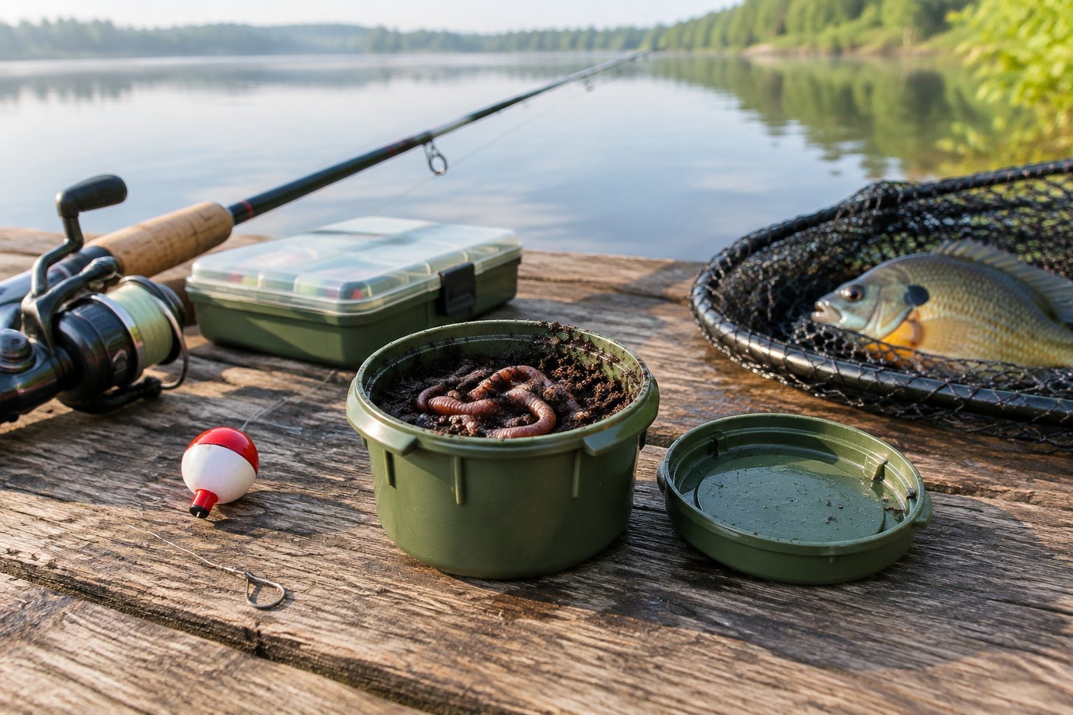 An open worm container and bluegill fishing tackle sit on a wooden dock beside a lake.
