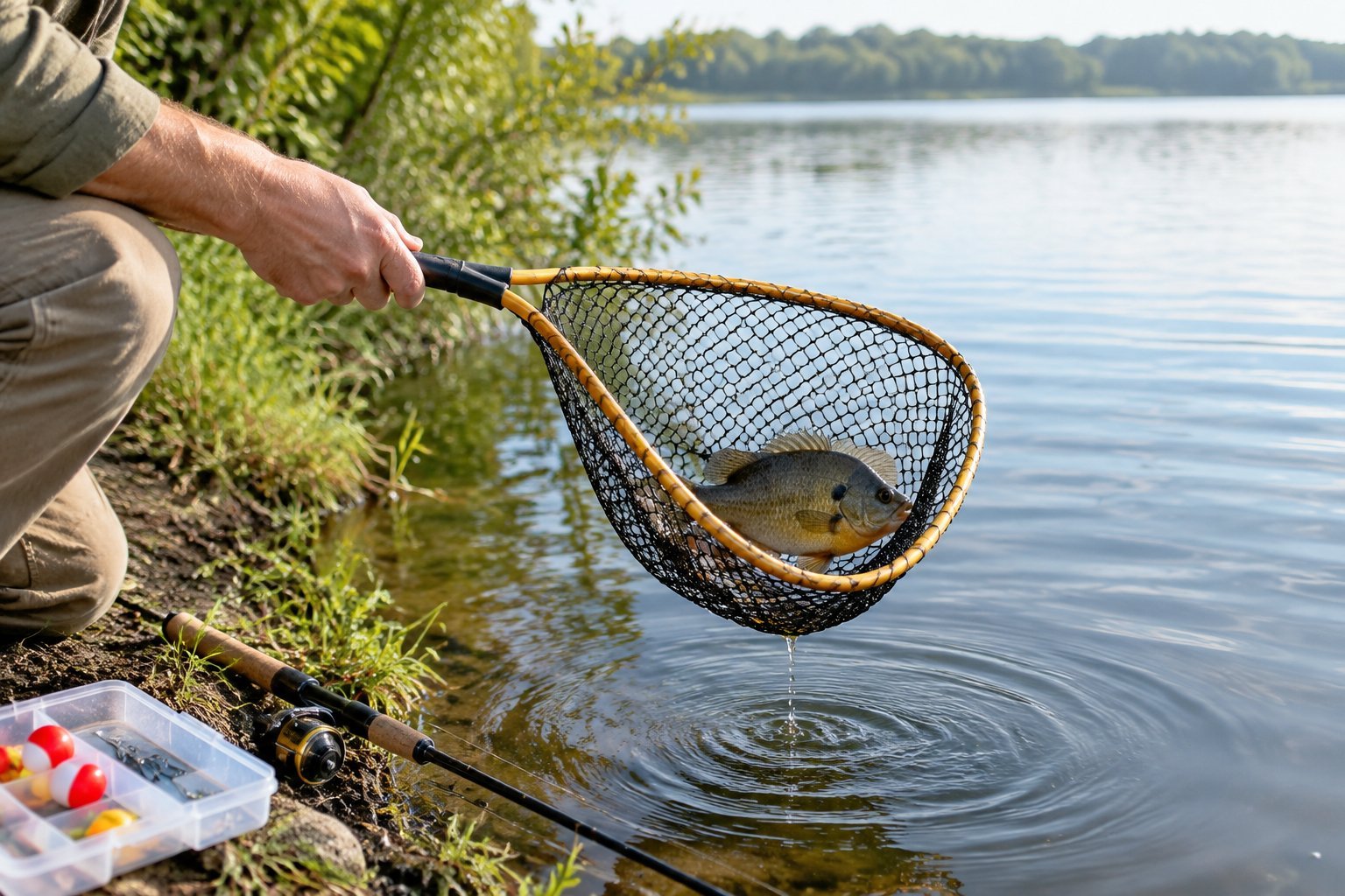 An angler uses a floating net to lift a bluegill from a lake.