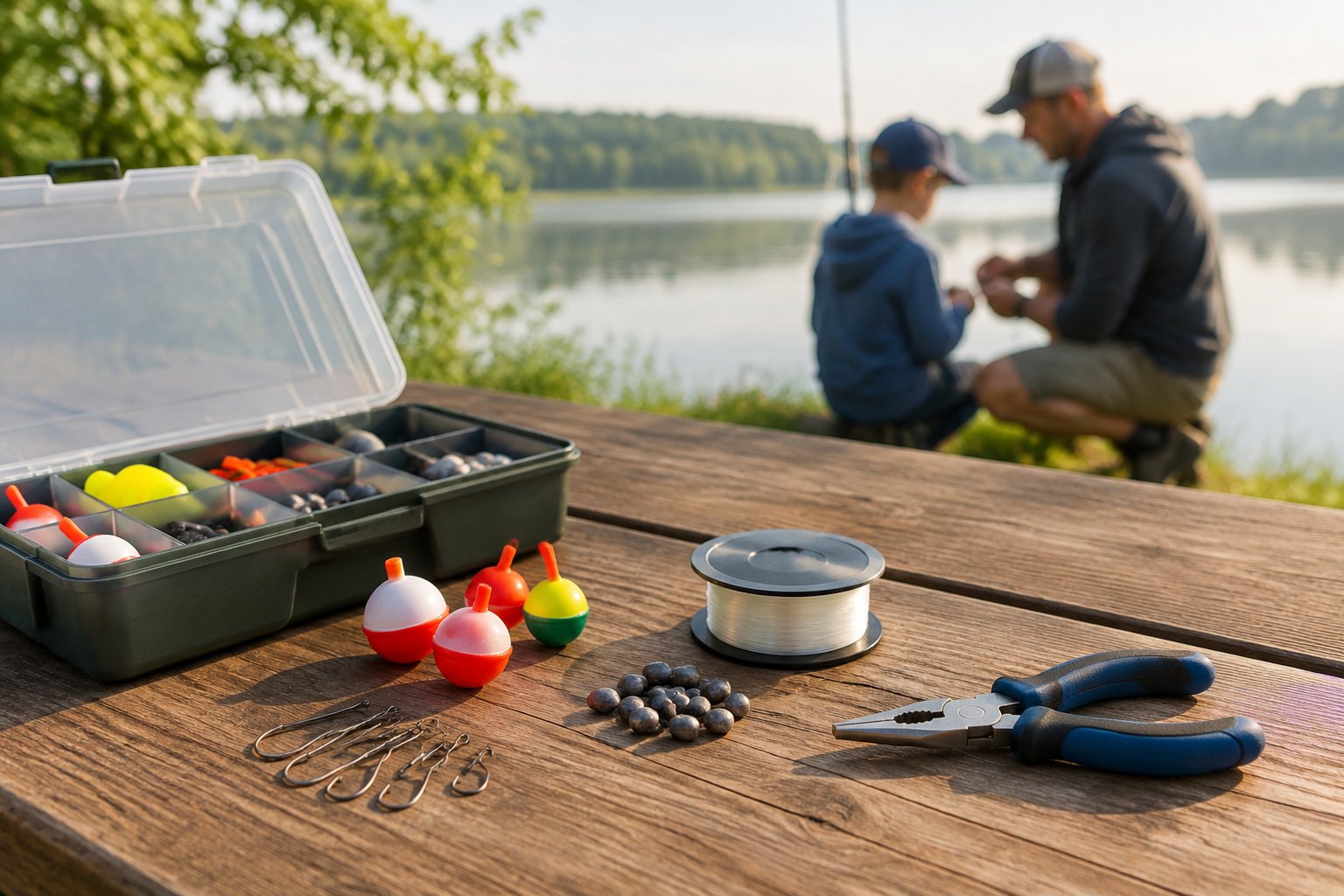 A parent and child prepare a small bluegill tackle kit at a lakeside picnic table.