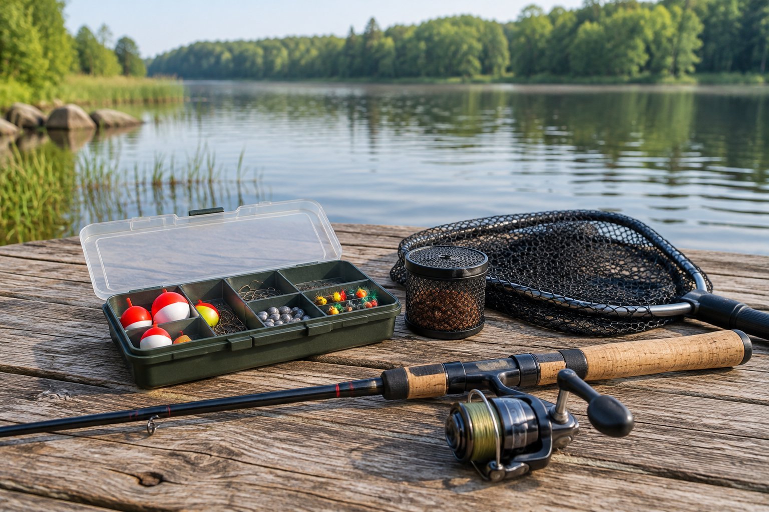 A compact bluegill fishing kit arranged on a wooden dock beside a lake.