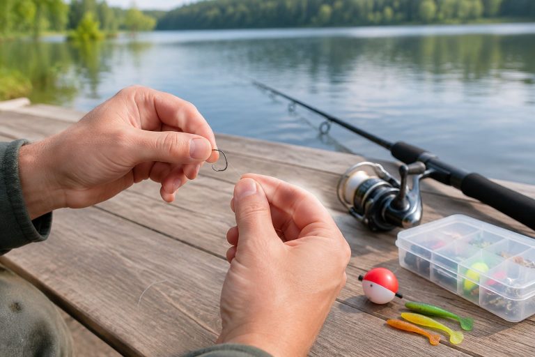 A beginner threads fishing line through a hook beside a rod and tackle on a lakeside dock.
