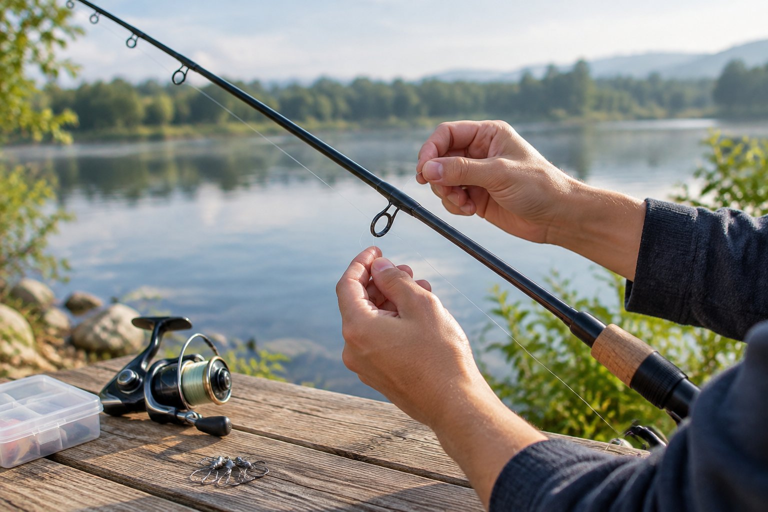 A beginner angler threads fishing line through a spinning rod beside a lake.