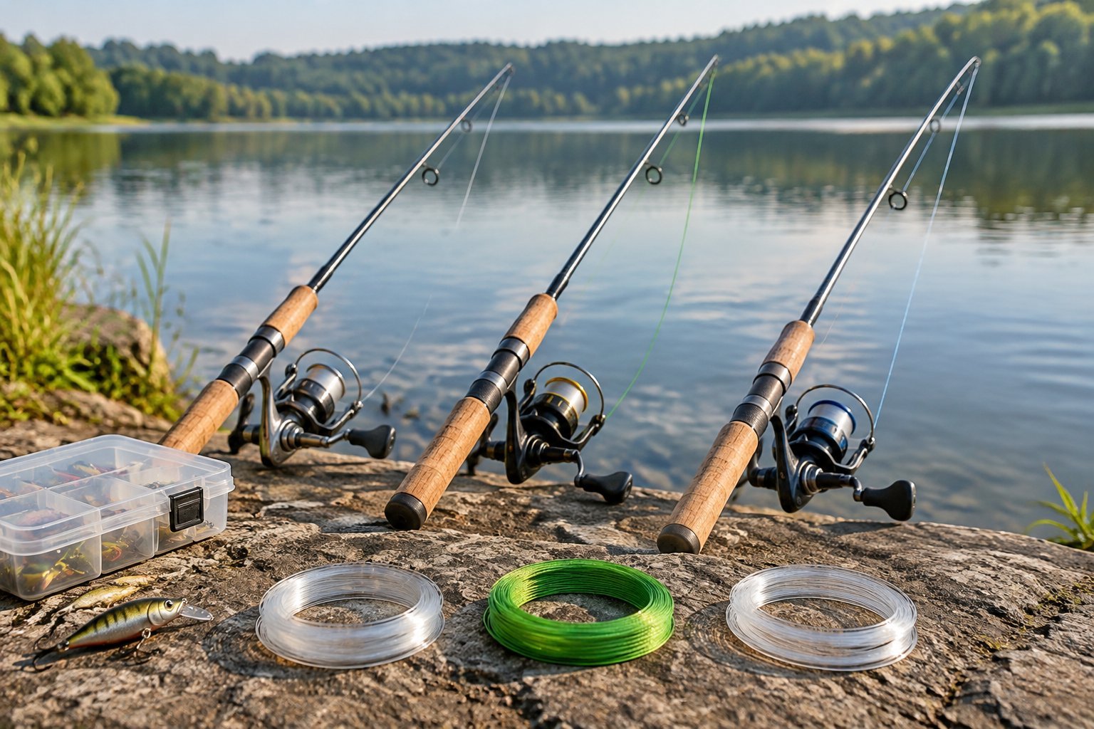 Three fishing rods and coils of different fishing line arranged beside a calm lake.