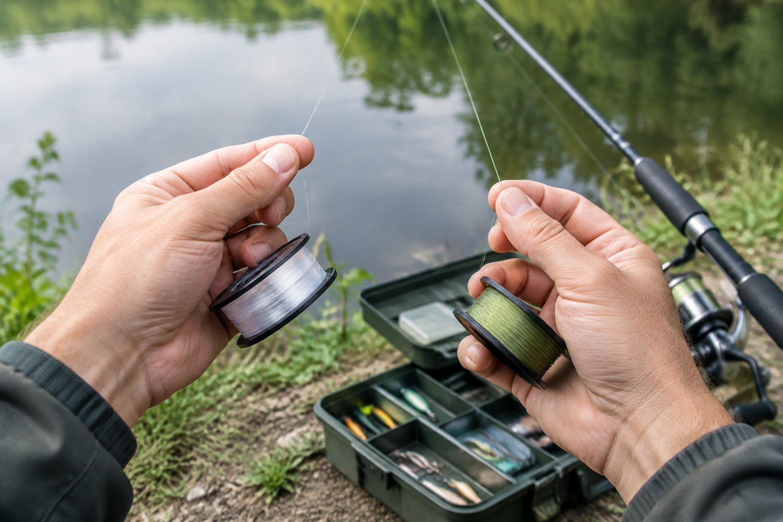 An angler compares clear and green fishing lines beside a rod and tackle box at the water’s edge.