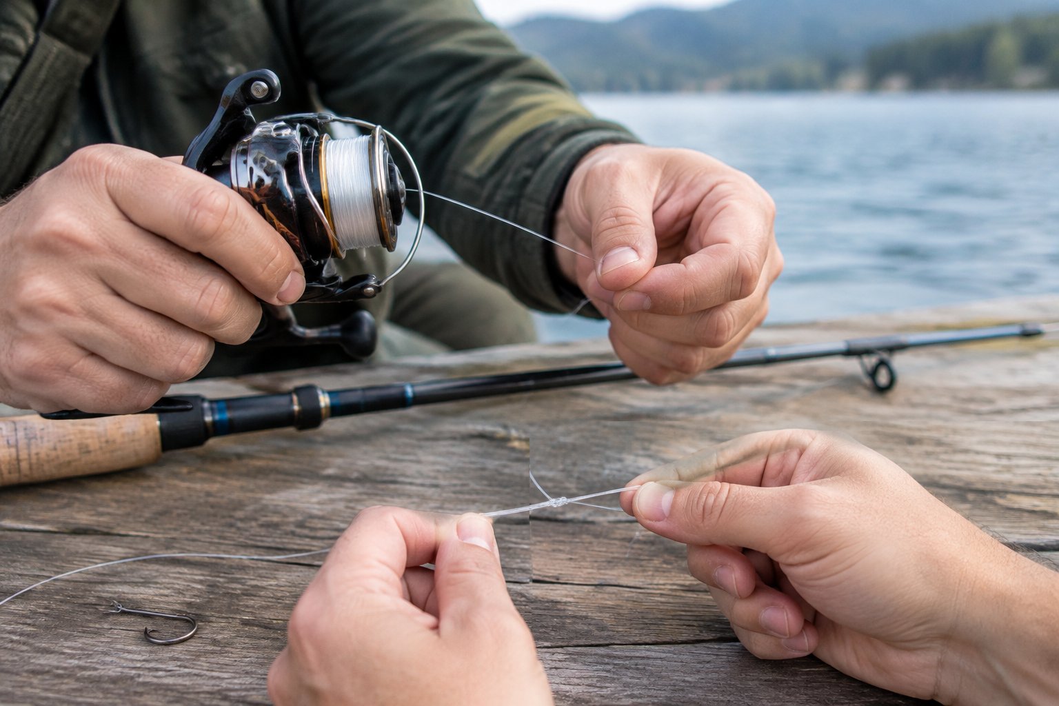 Hands wind fishing line onto a spinning reel and tie a knot.