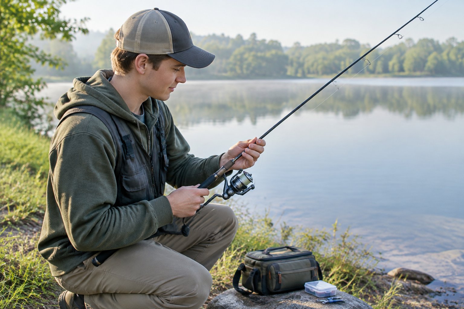 A beginner checks the fishing line on a spinning rod beside a calm pond.