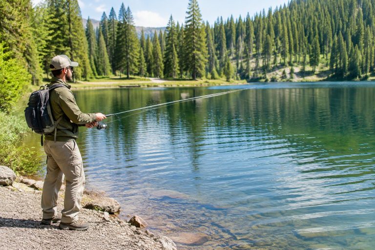 An angler casts a fishing rod into a lake.