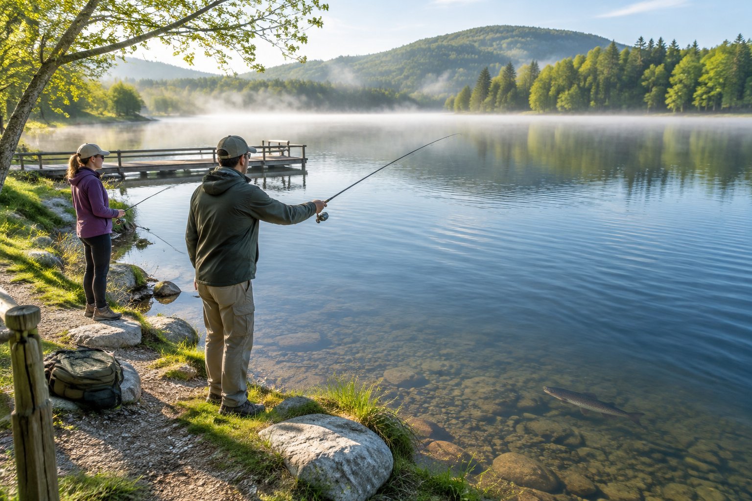 Two anglers fish from the shore of a calm lake in the early morning.
