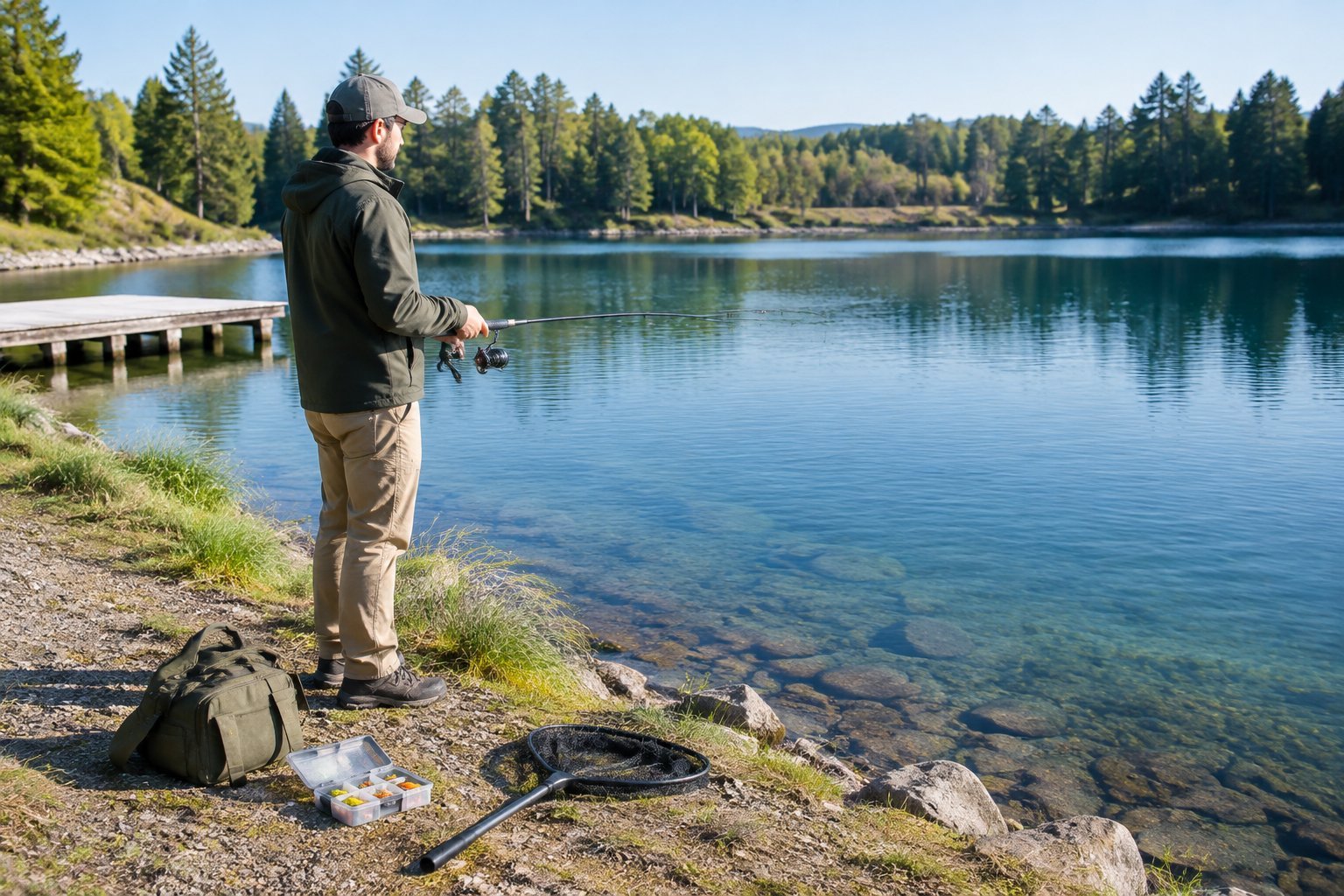 An angler stands by a lake with a fishing rod and compact gear arranged on the shore.