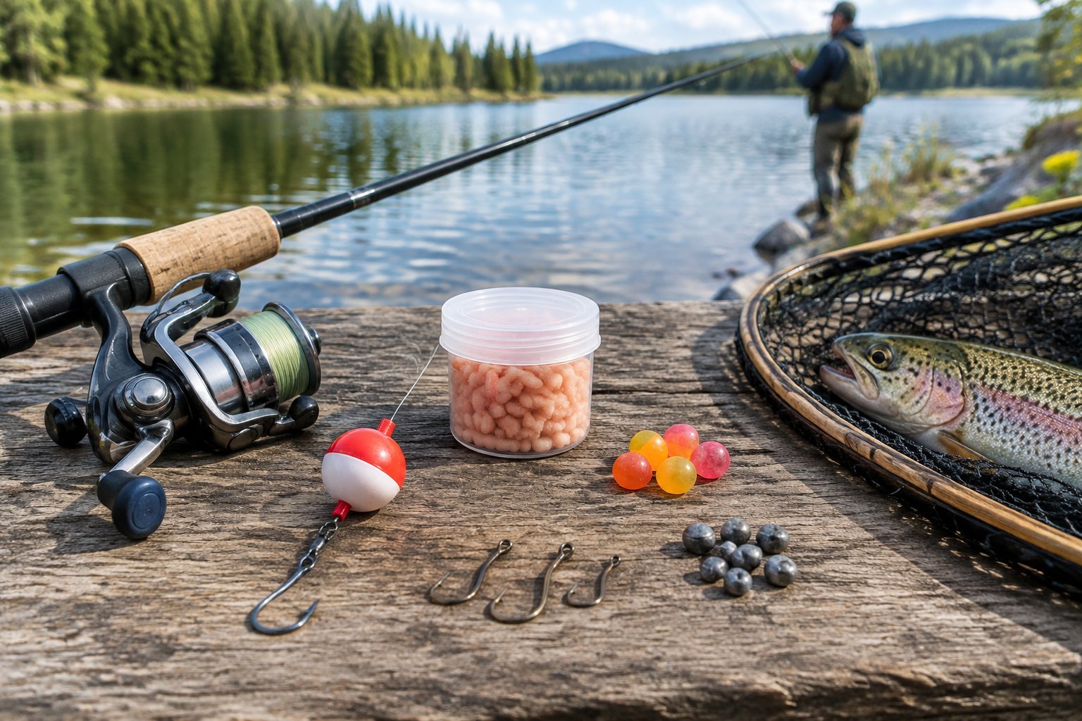 Beginner trout-fishing tackle arranged beside a lake, with an angler fishing in the background.
