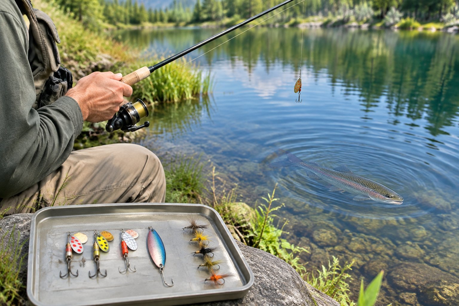 An angler holds a rod beside a pond, with simple trout lures and flies arranged nearby.
