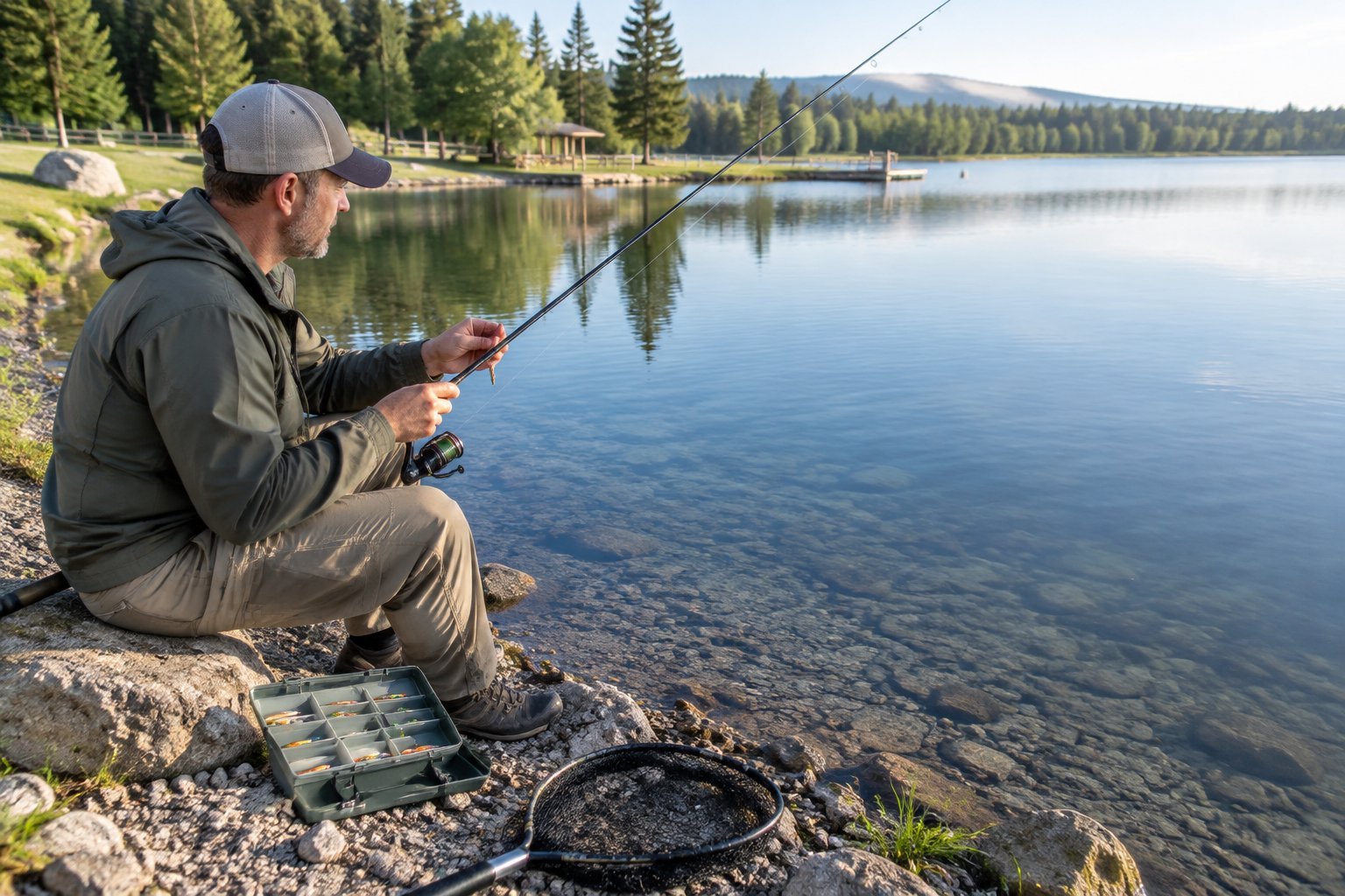 An angler adjusts fishing gear beside a calm lake.