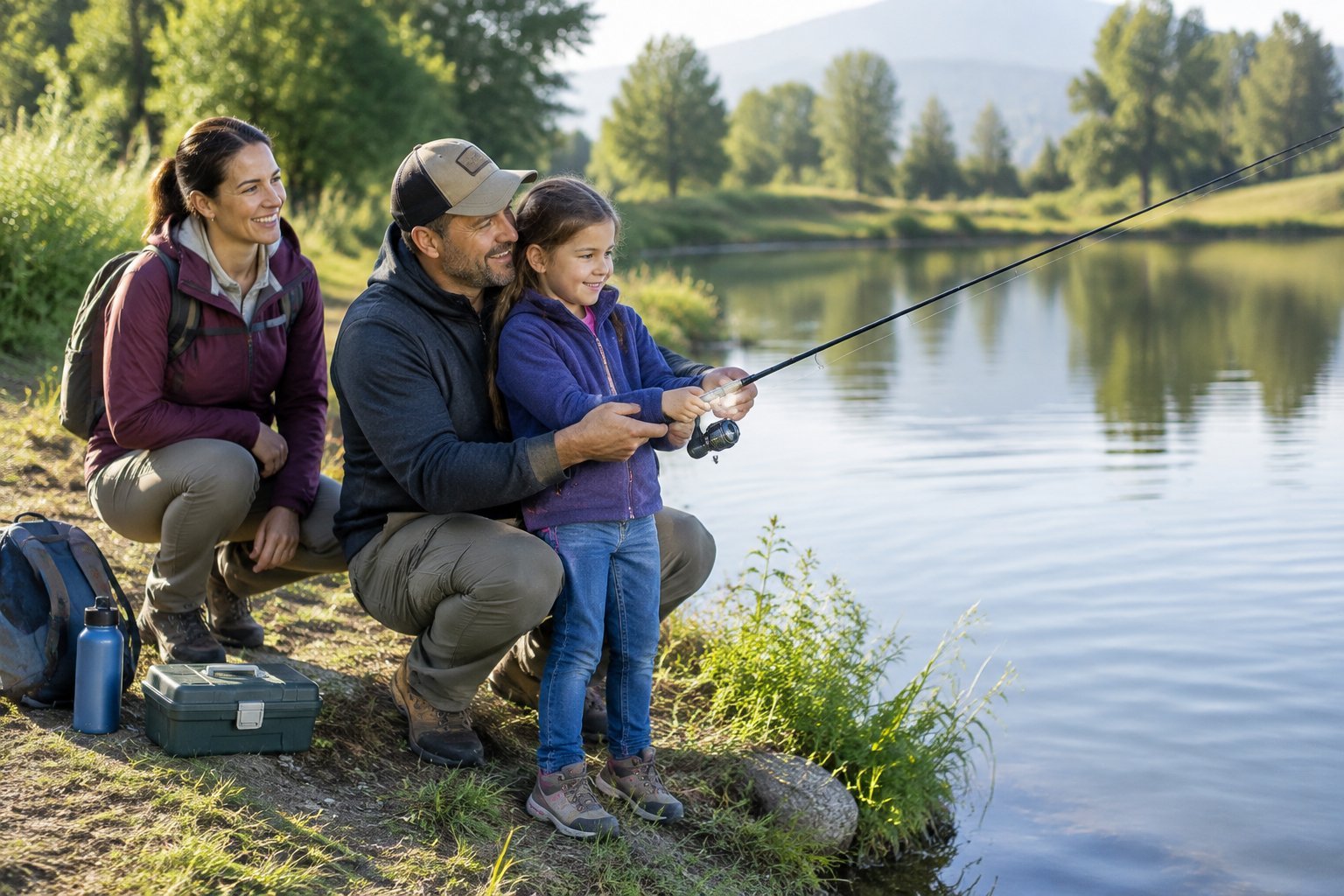 A parent helps a child fish for trout beside a pond while another family member watches.