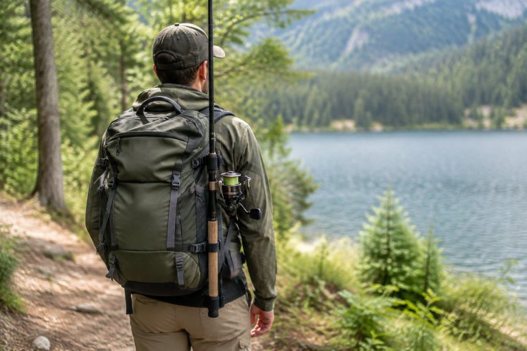 An angler carries a fishing rod secured to a backpack on a trail beside a lake.