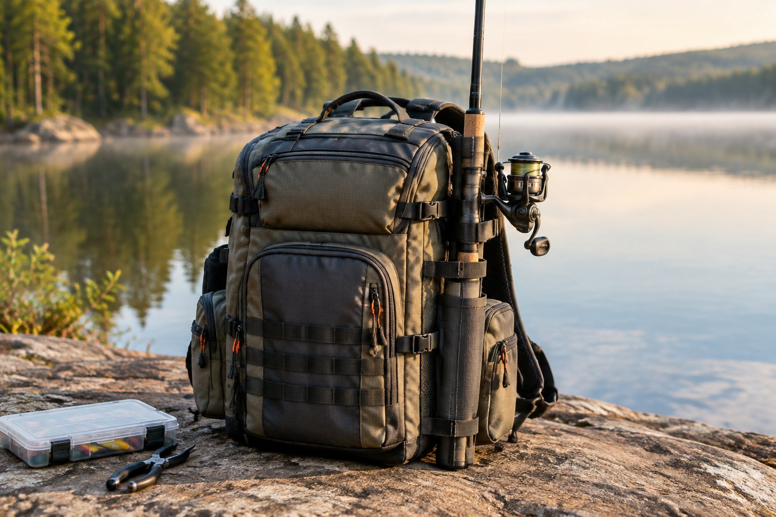 A fishing rod secured in the holder of a tackle backpack beside a lake.