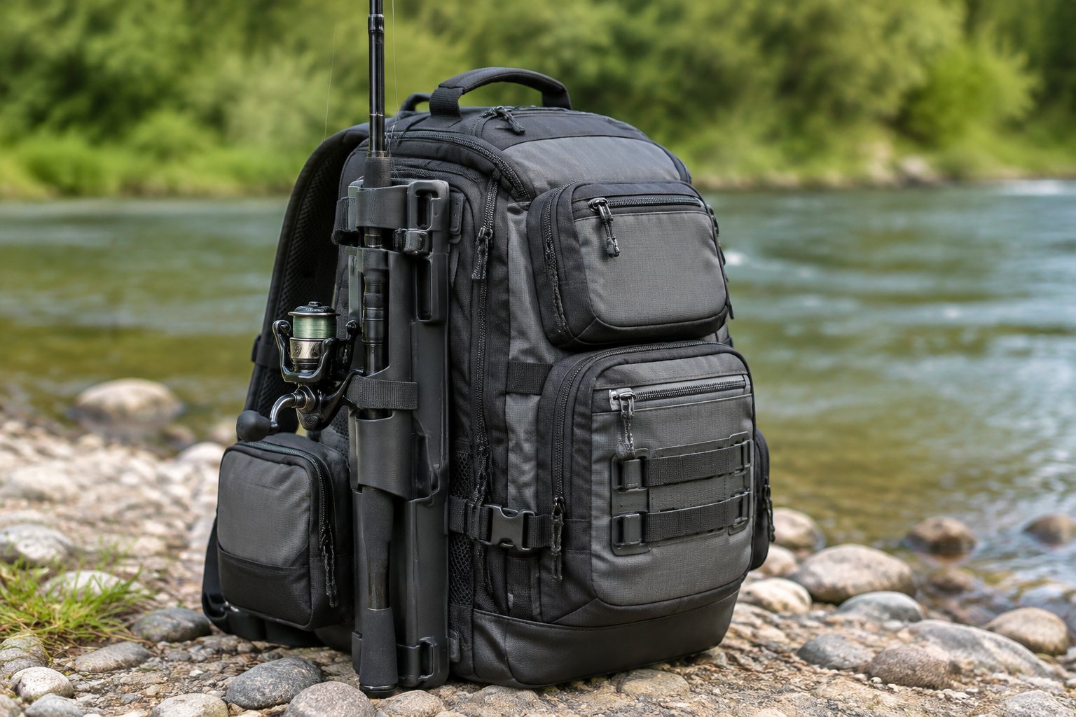 A fishing rod secured to the side of a tackle backpack on a riverbank.