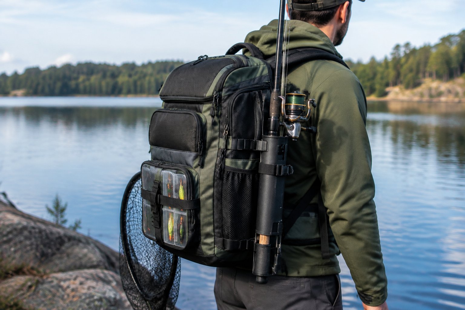 An angler wearing a fishing backpack with a rod secured in its side holder beside a lake.