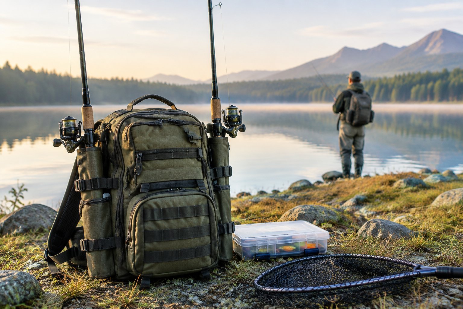A fishing backpack holding two rods rests on a lakeshore beside fishing gear.